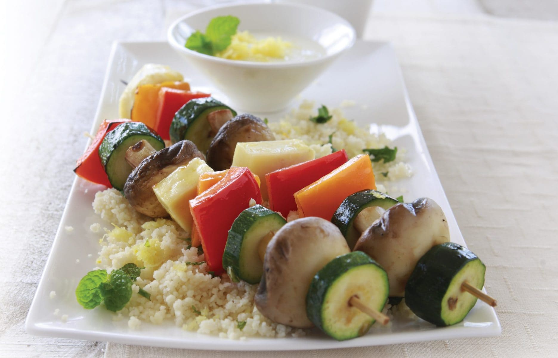 Barbecued haloumi and vegetable kebabs