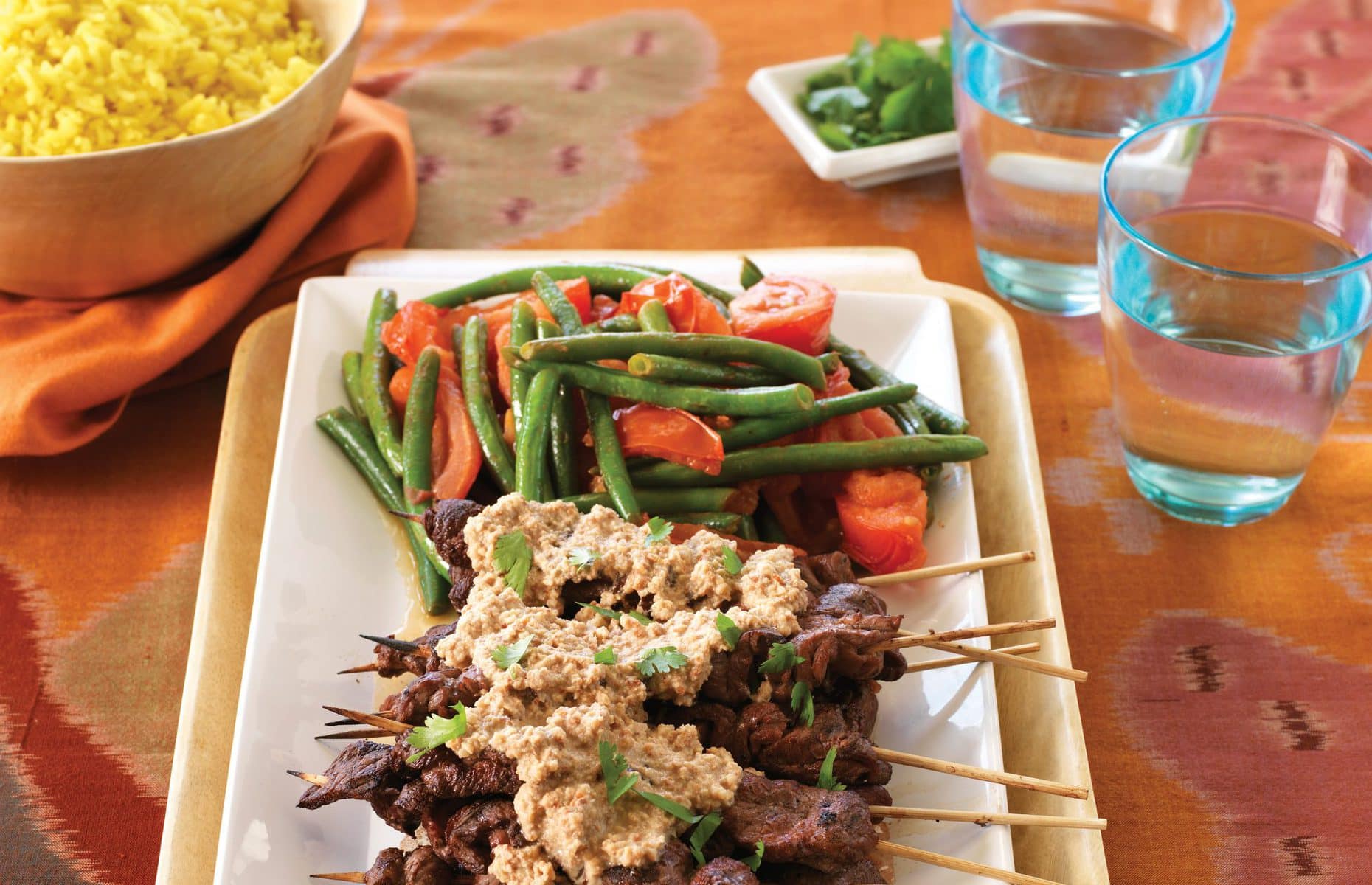 Beef satay with fragrant yellow rice