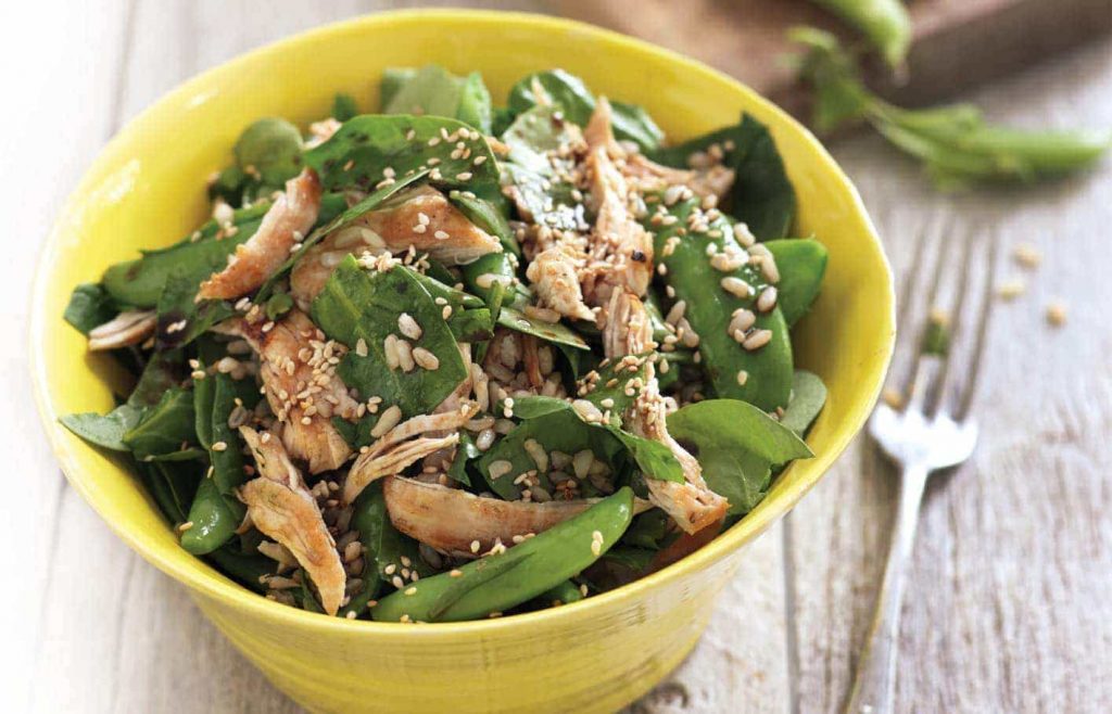 Brown rice and shredded chicken salad