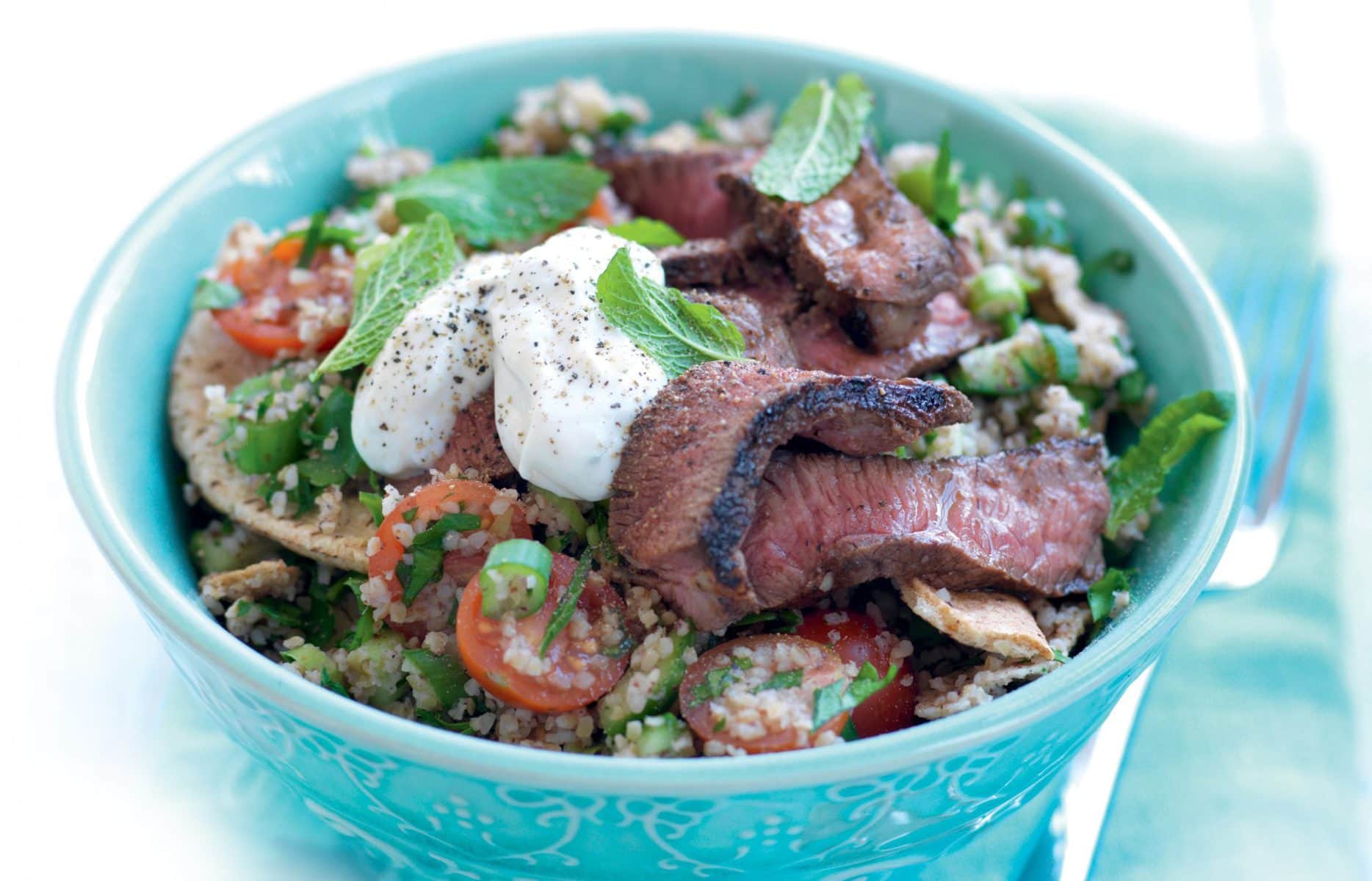 Bulgar wheat fattoush with sumac-spiced lamb