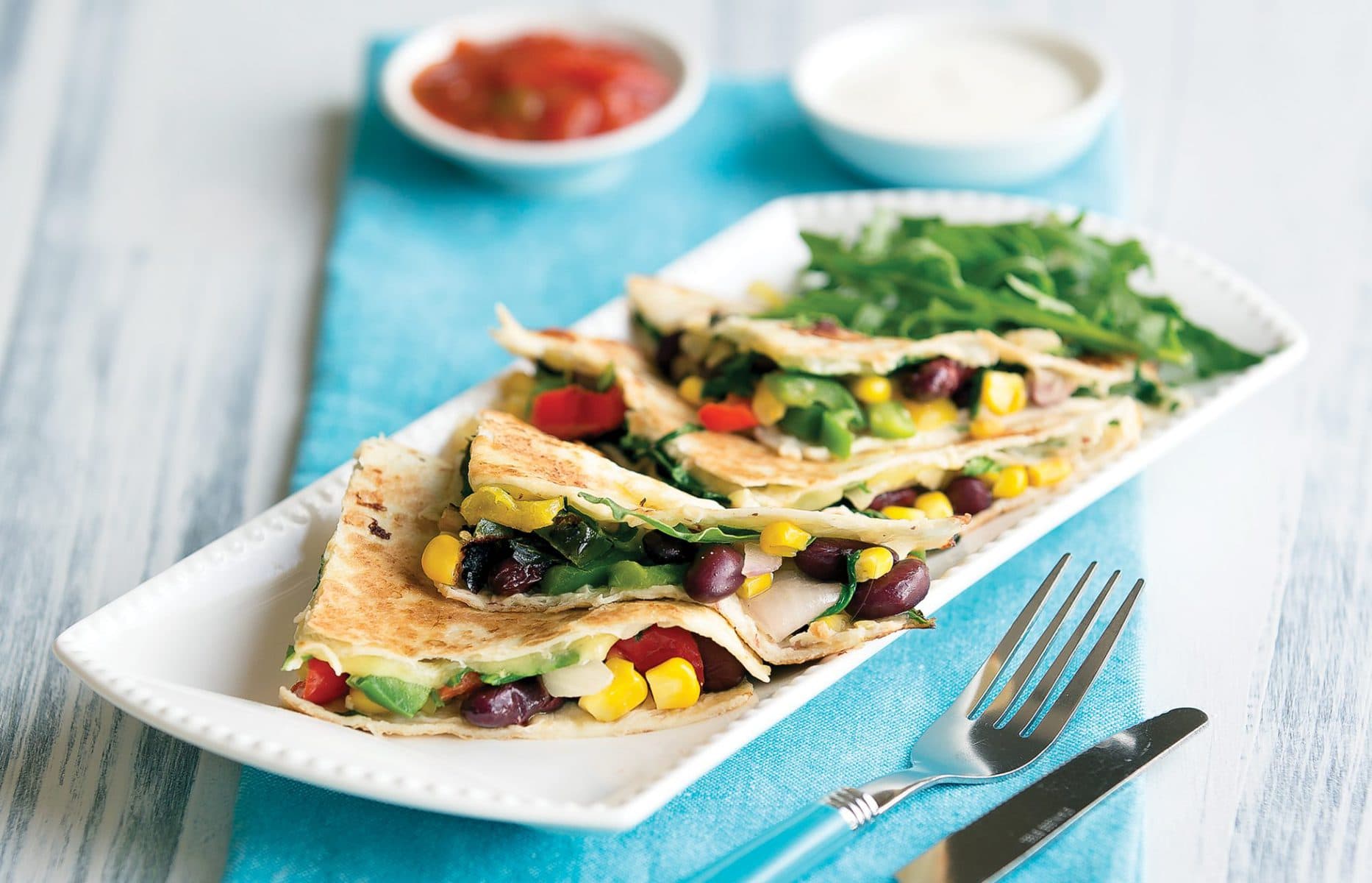 Capsicum, rocket and mozzarella quesadillas
