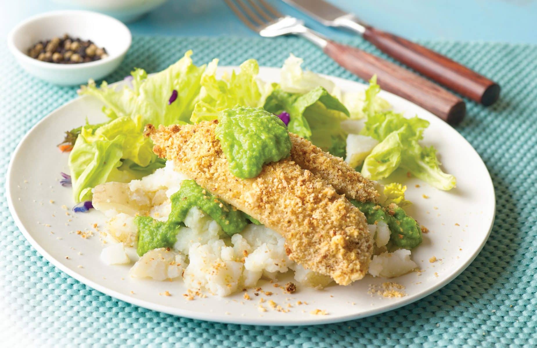Cashew-crusted tarakihi with pea purée