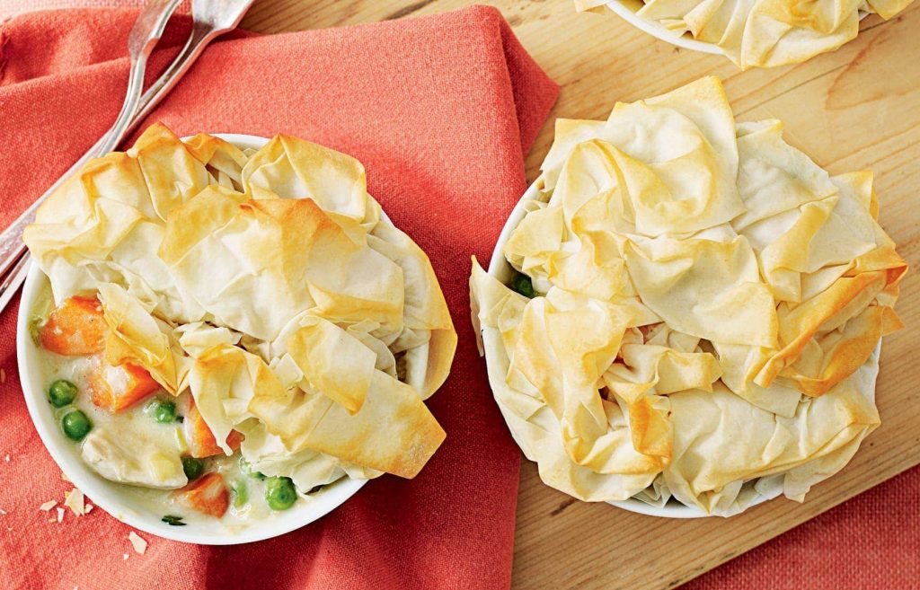 Chicken and leek filo pies