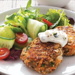 Chicken and vege falafels with minty yoghurt dressing