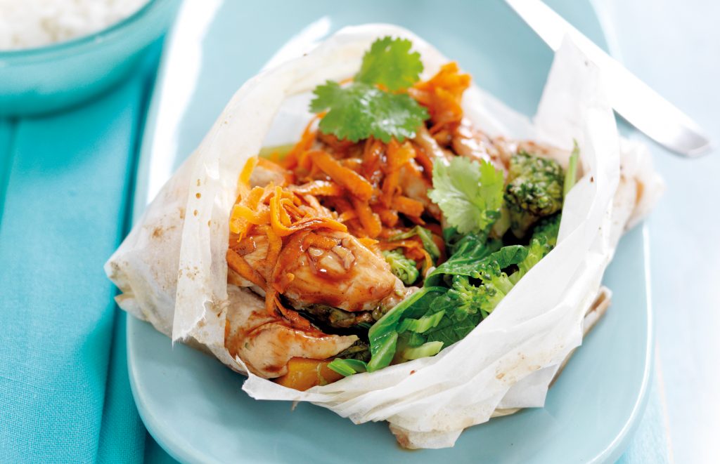 Chicken and vegetable parcels with plum sauce