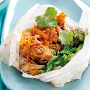 Chicken and vegetable parcels with plum sauce