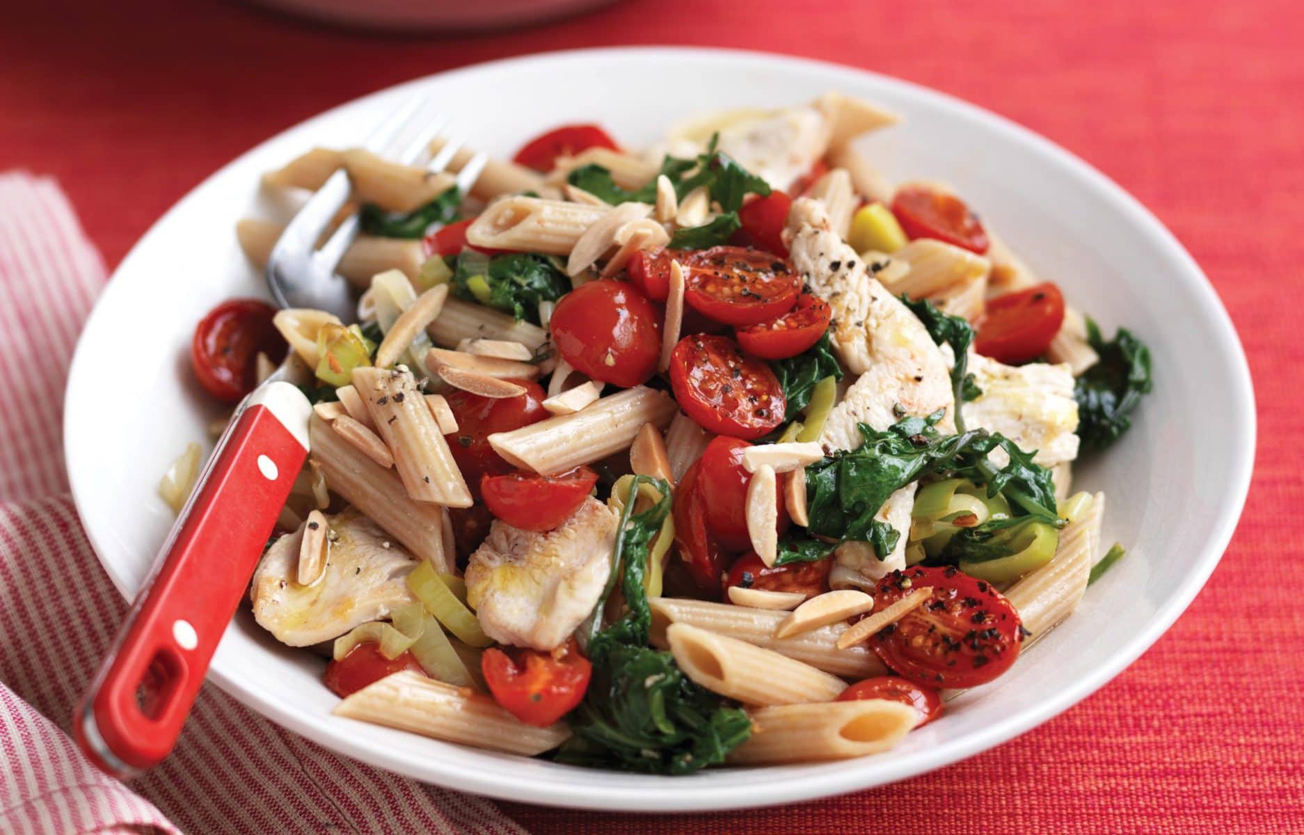 Chicken, baby kale and roast tomato wholemeal pasta