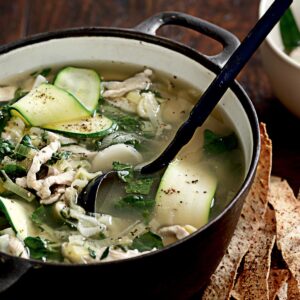 Chicken, silver beet and lemon soup with sumac toast ribbons