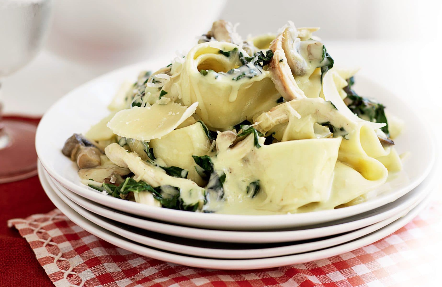Chicken, silver beet and mixed mushroom pappardelle