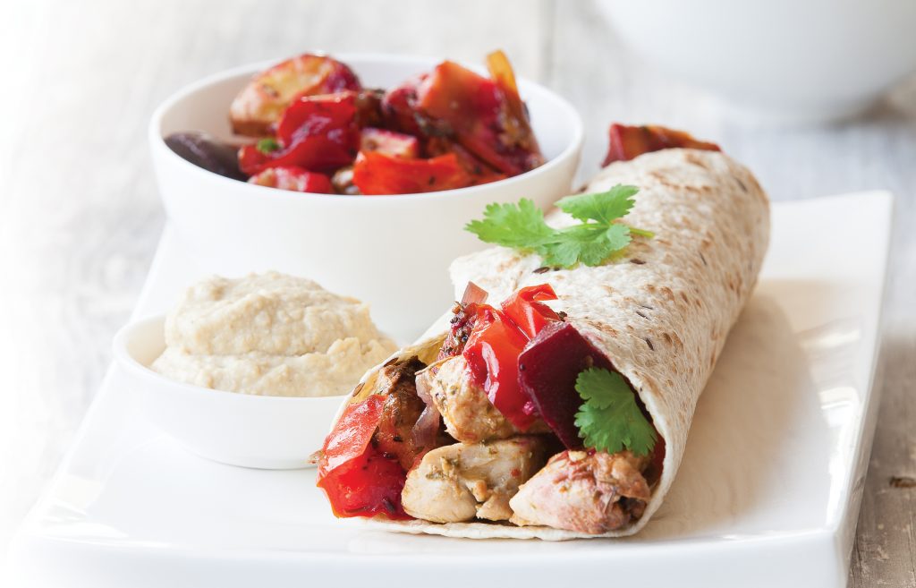 Chicken sizzler with hummus and vege wraps Chicken sizzler with hummus and vege wraps