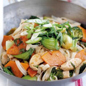 Chicken, tofu and rice noodle stir-fry