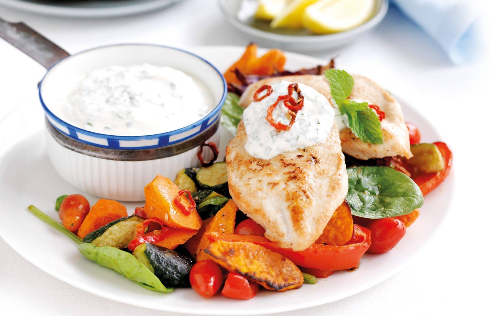 Chilli chicken with mint yoghurt and roasted vegetables