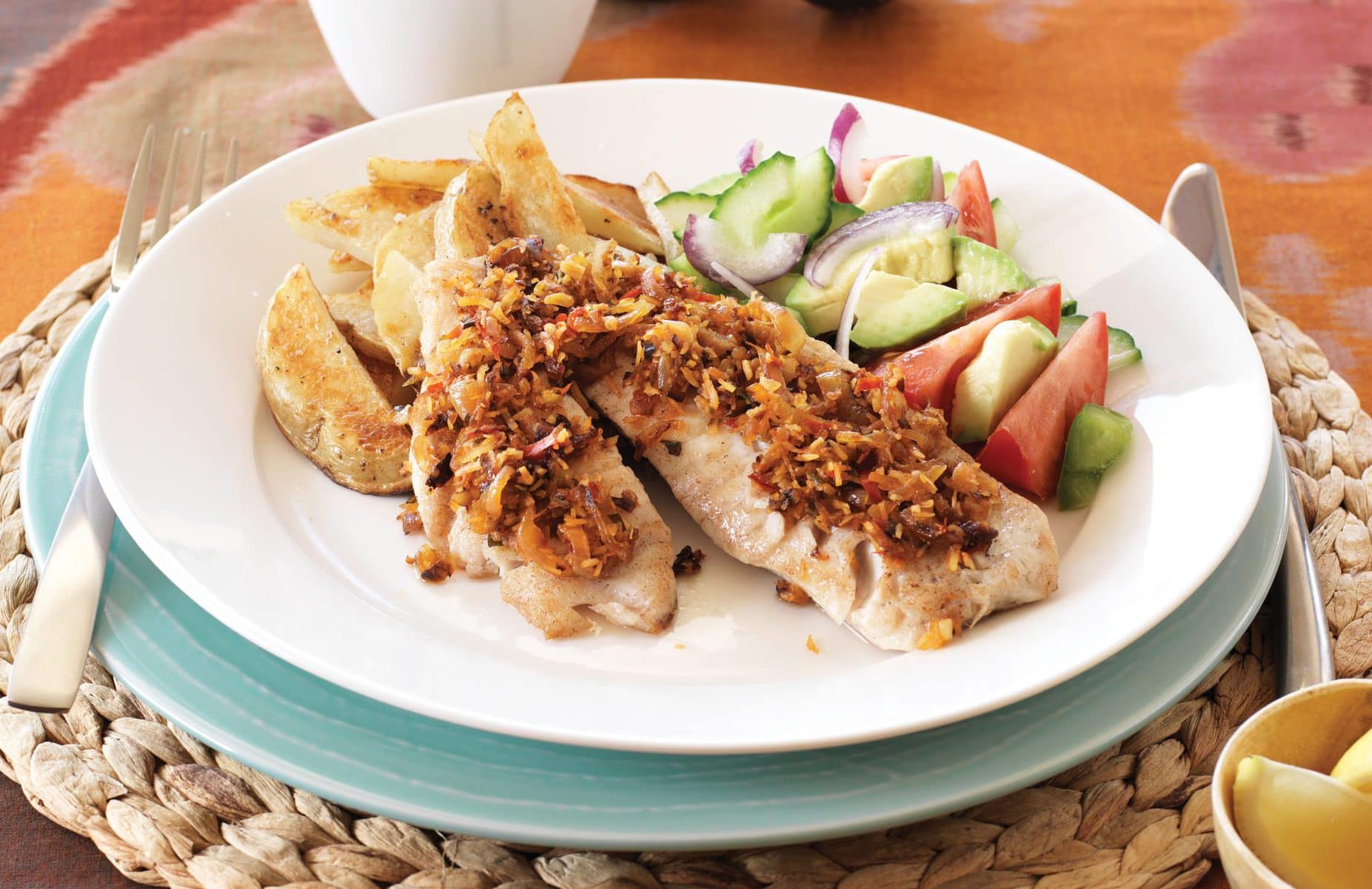 Coconut crust fish and fried potatoes
