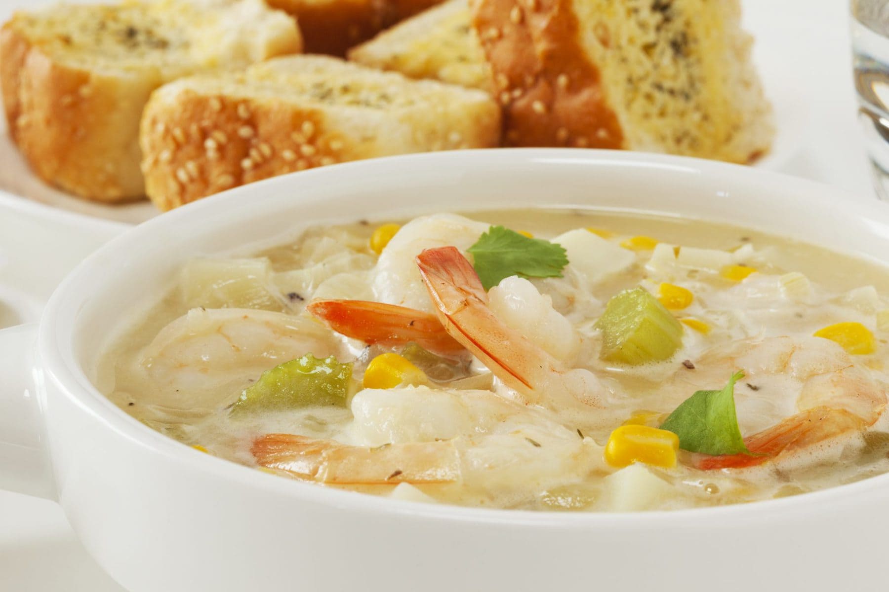Corn chowder with garlic prawns