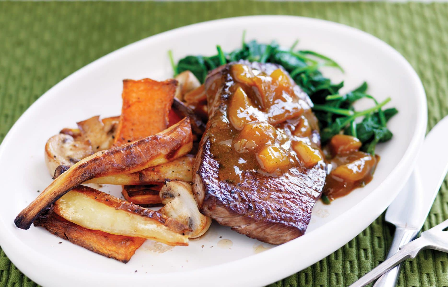 Devilled steak with roasted veges