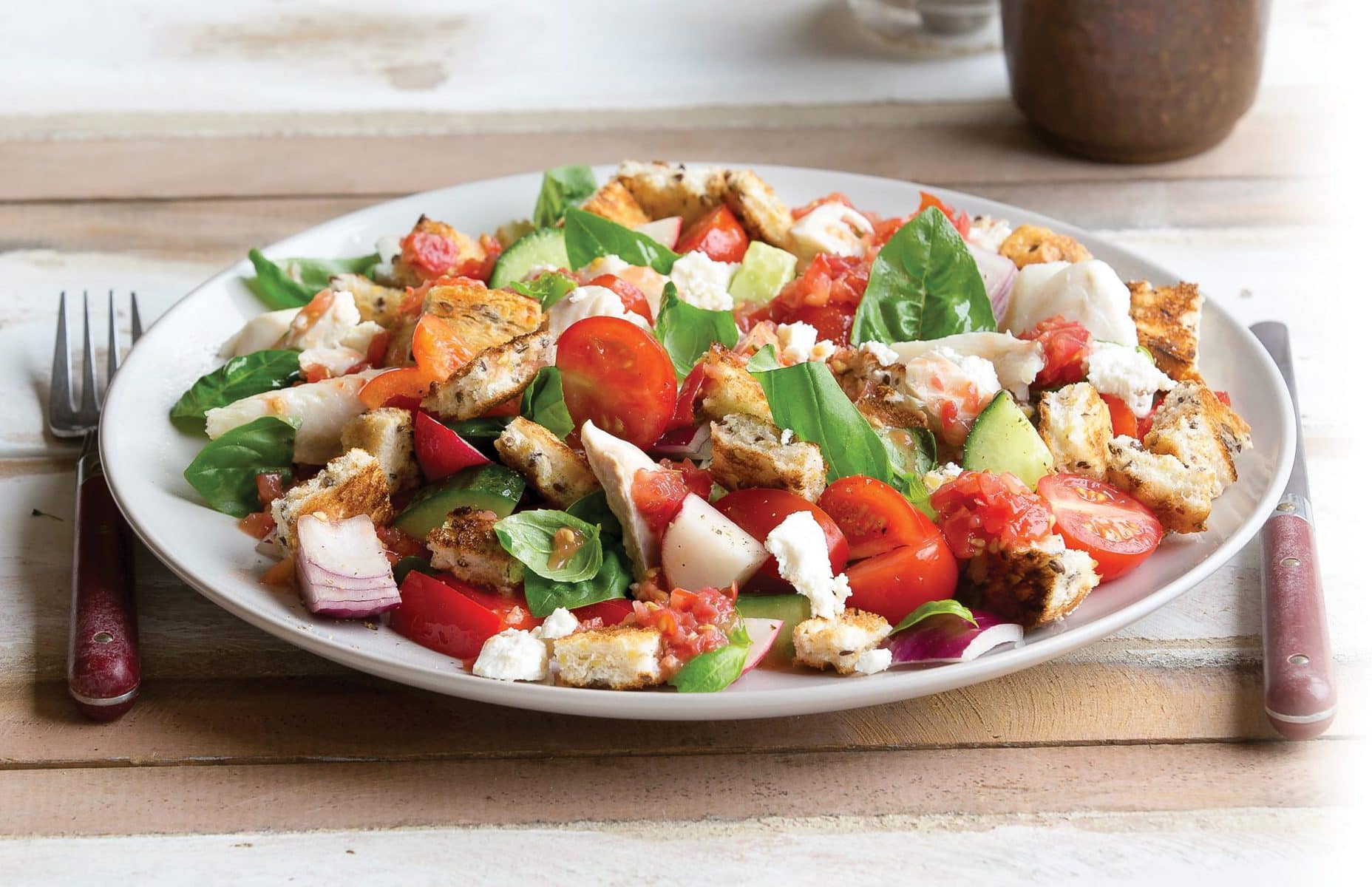 Fish, tomato and feta panzanella