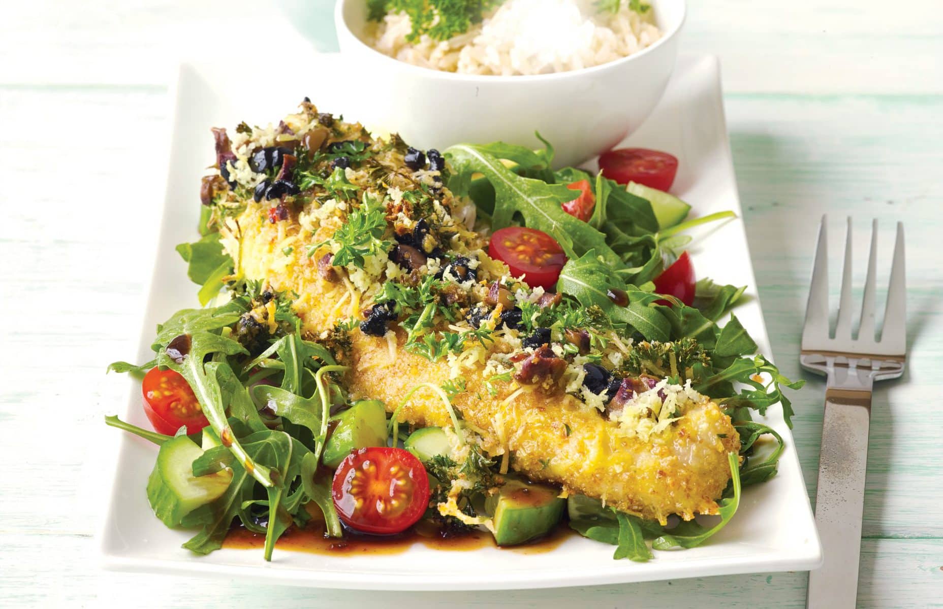 Fish with lemon, herb, olive and parmesan crumb