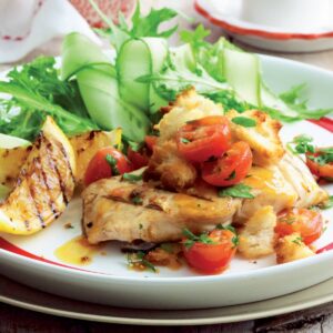 Fish with tomato and garlic crumbs