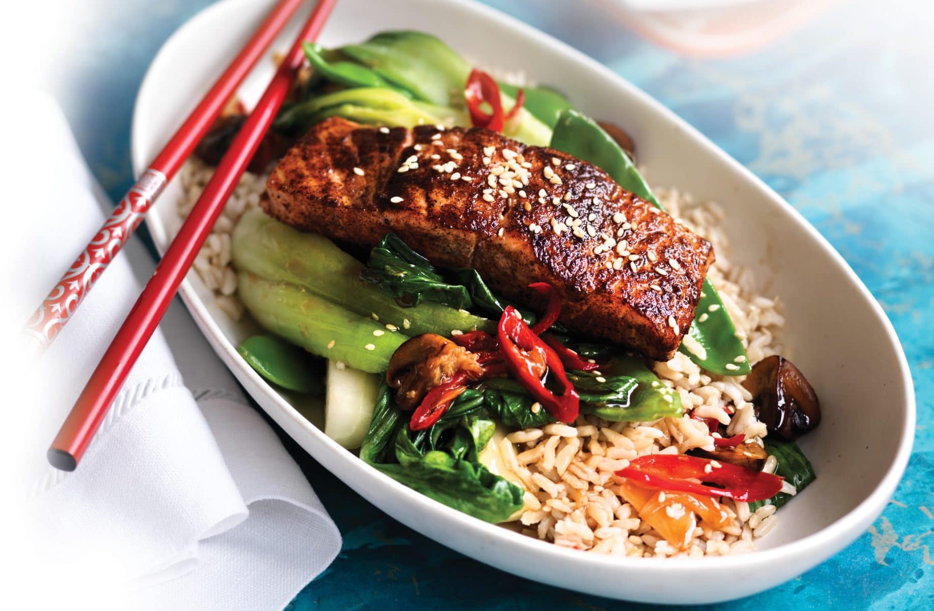 Five-spice salmon with stir-fried veg