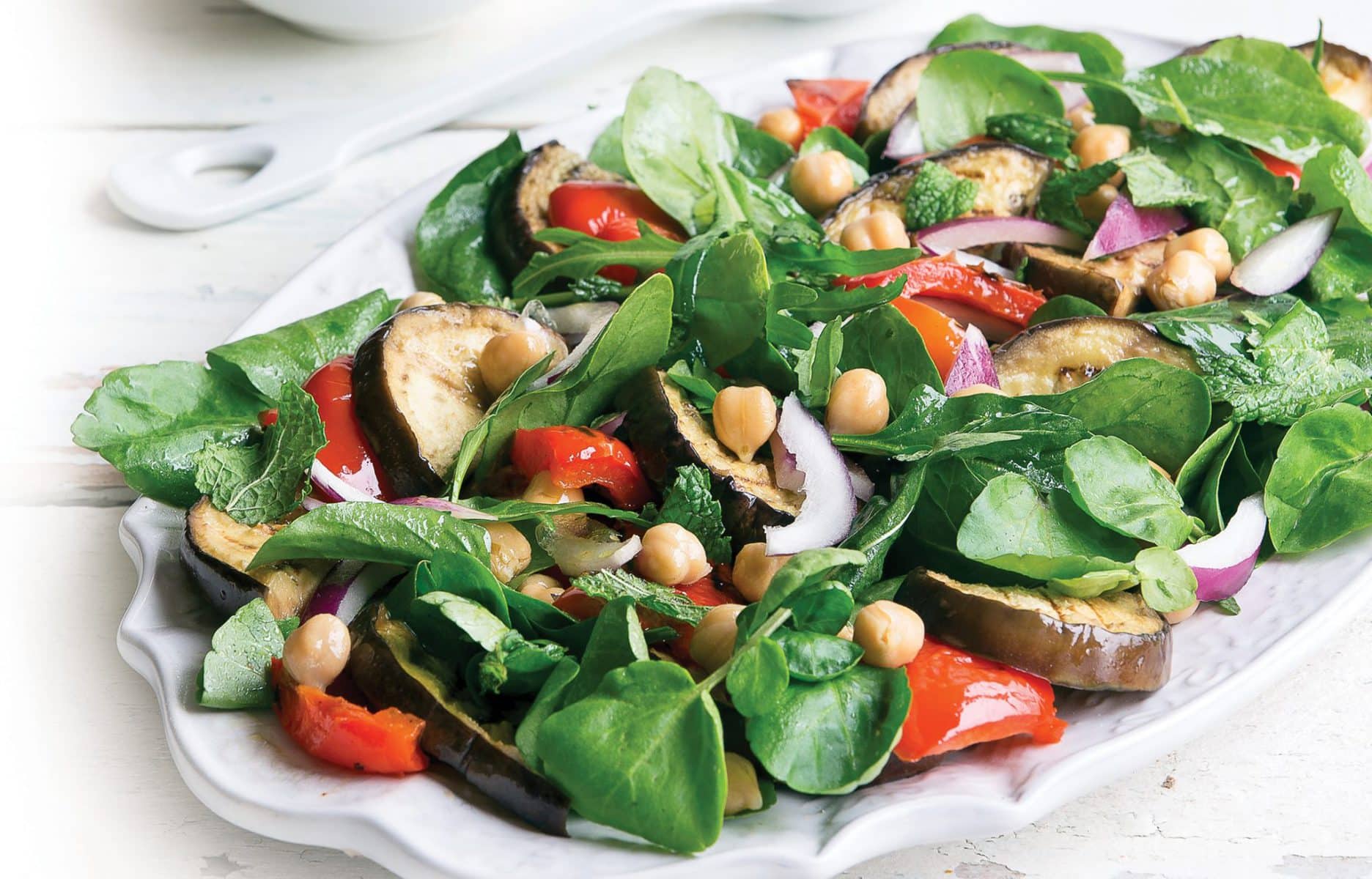Griddled eggplant with chickpeas and leaf salad