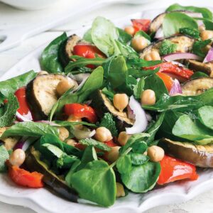 Griddled eggplant with chickpeas and leaf salad