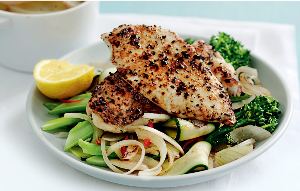 Grilled chicken with potato gratin and garlicky greens