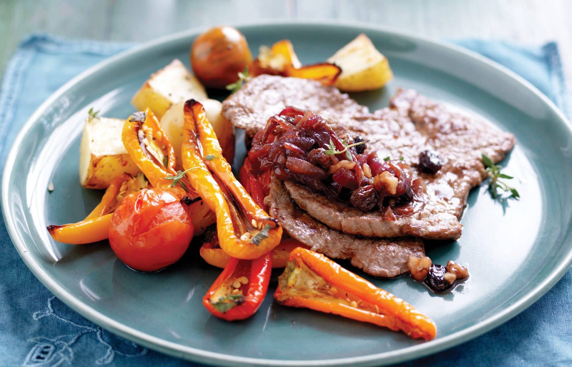 Grilled minute steaks with red onion compote