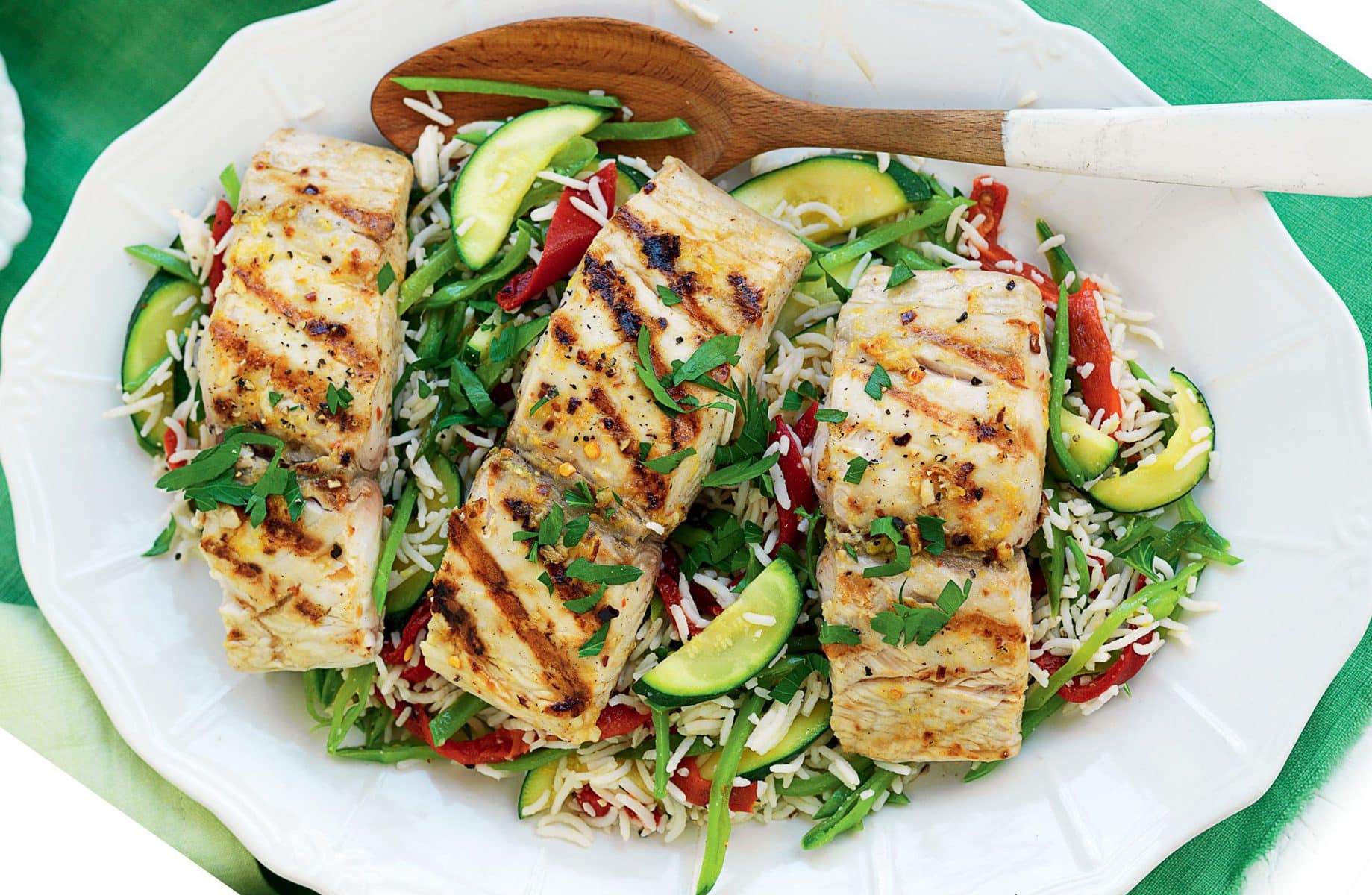 Grilled piri piri fish with warm rice salad