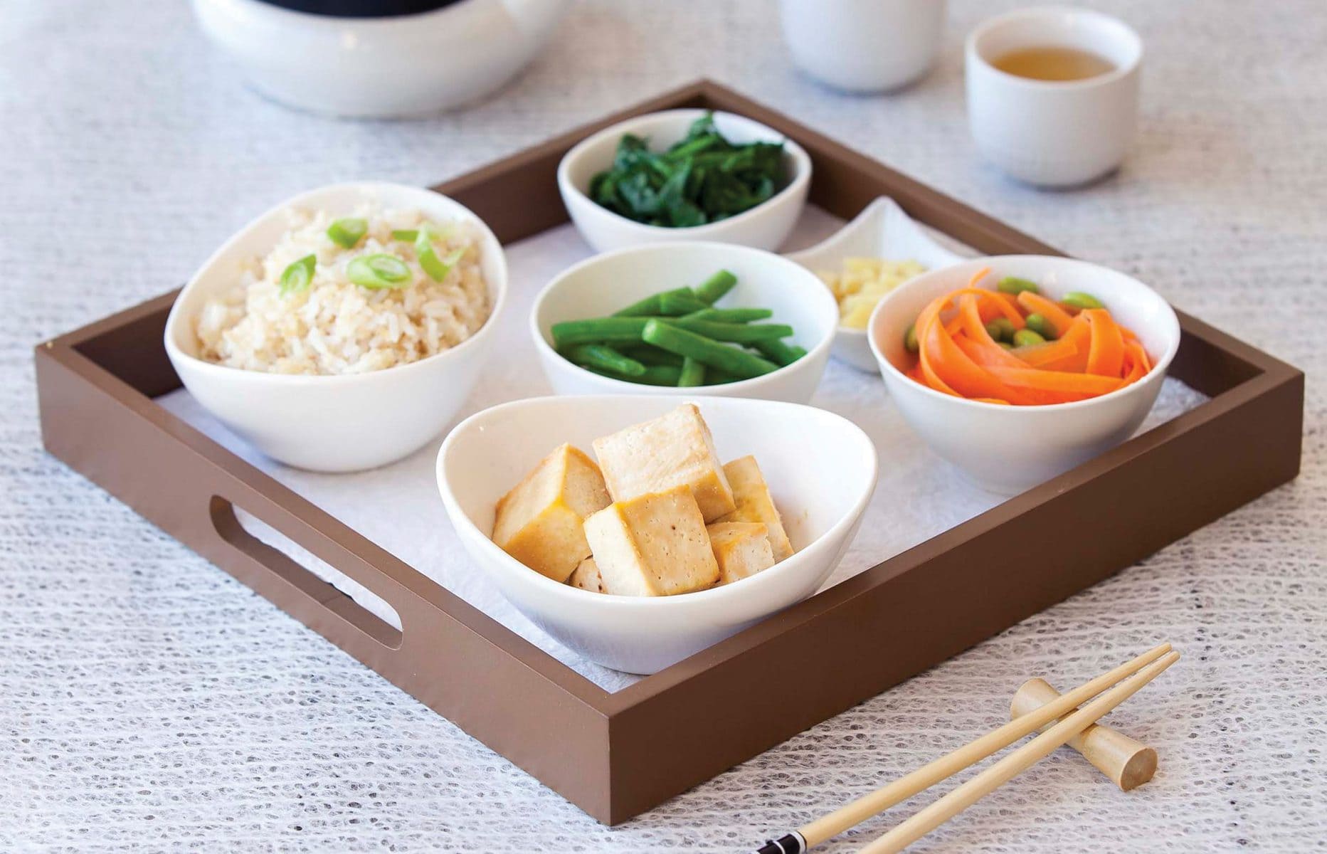 Grilled tofu with miso sauce, carrot pickle and sesame greens