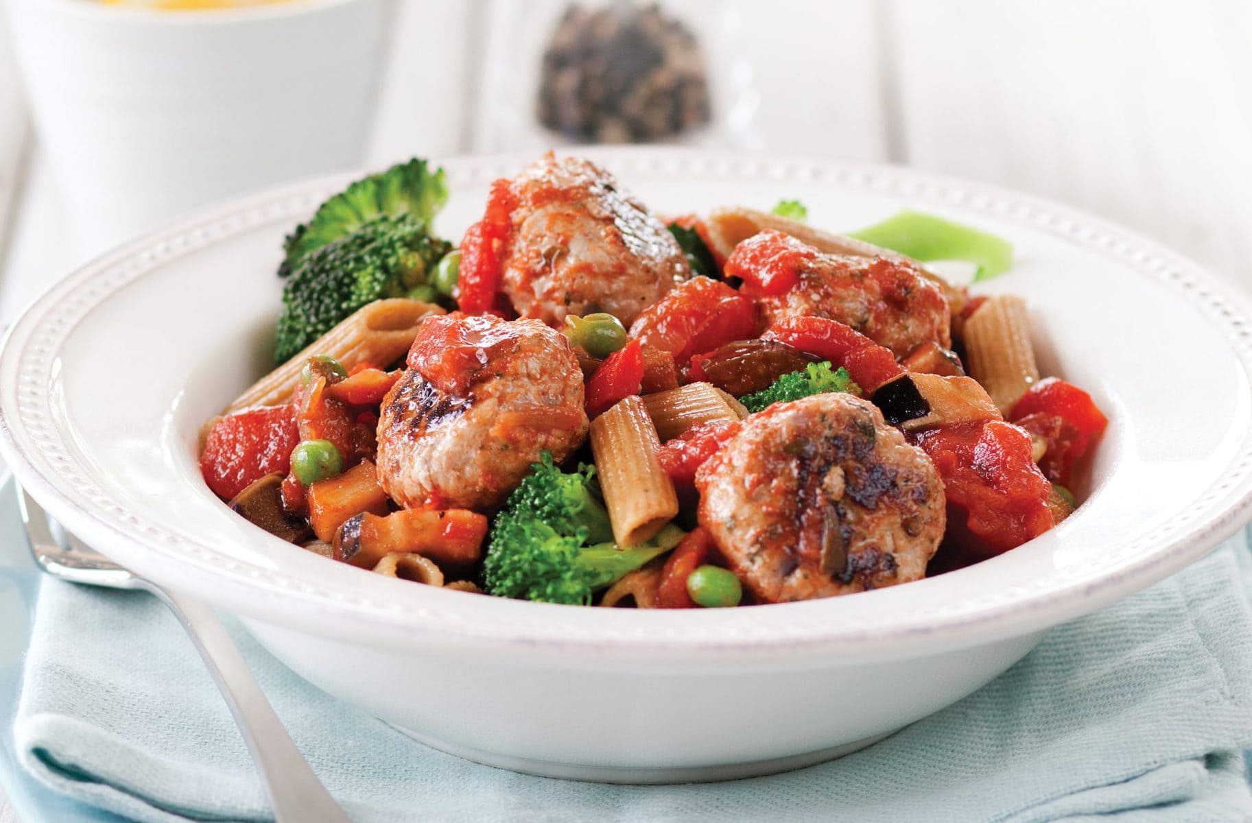 Harissa turkey meatballs with pasta and ratatouille sauce