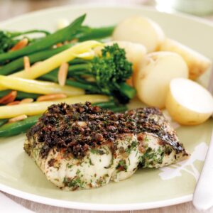 Herb-crusted fish with broccolini and beans