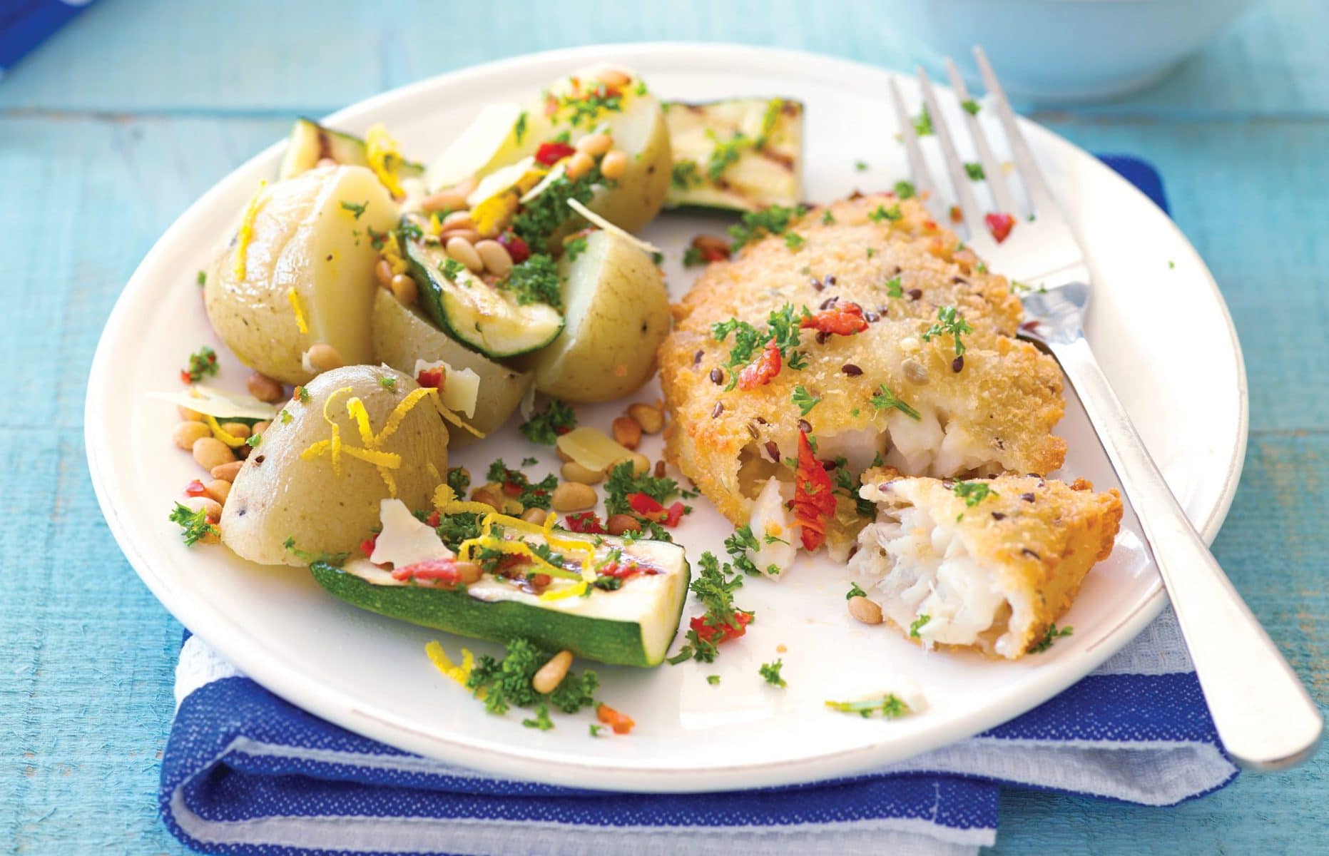 Hoki with courgette salad and new potatoes