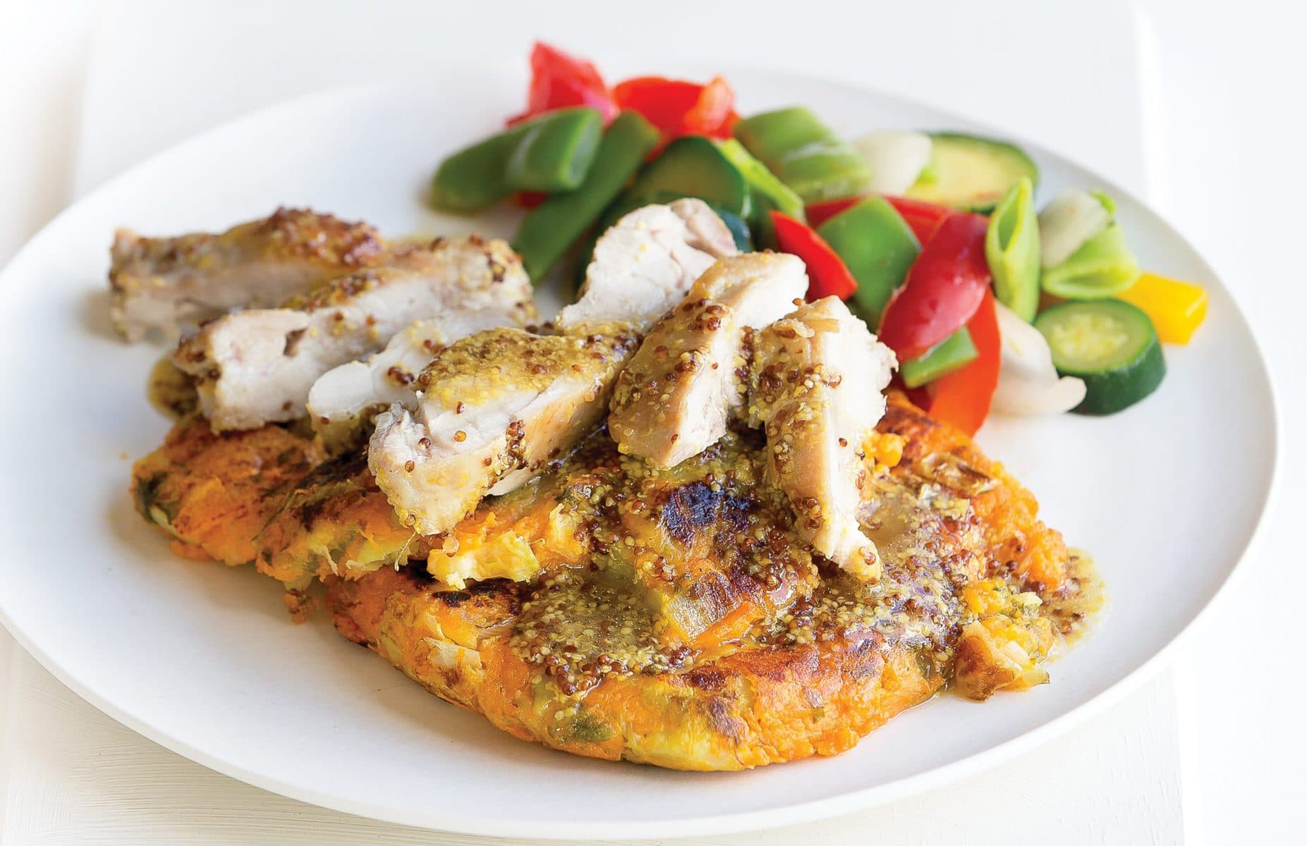 Honey-mustard chicken with kumara-sprout cakes