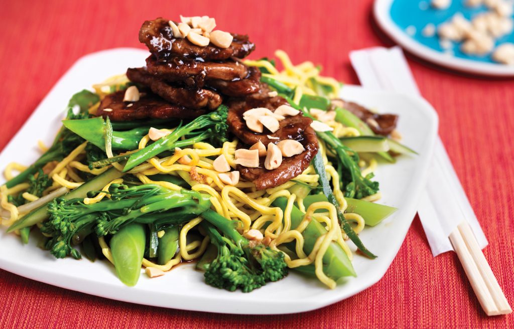 Honey-soy glazed pork with broccolini noodles Honey-soy glazed pork with broccolini noodles