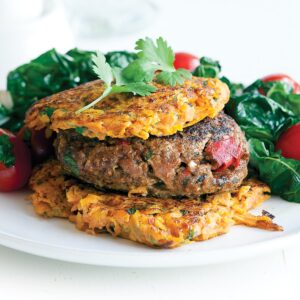 Lamb burgers with kumara fritters and silver beet