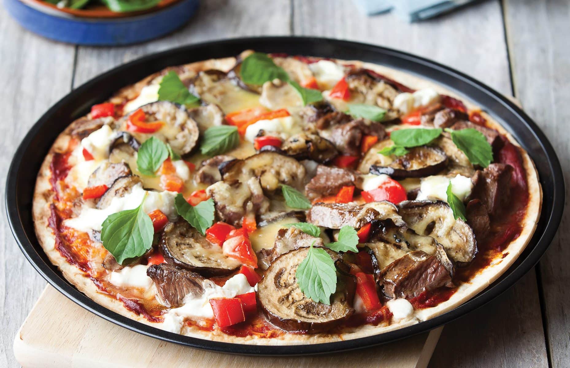 Lamb, eggplant and mint pizza