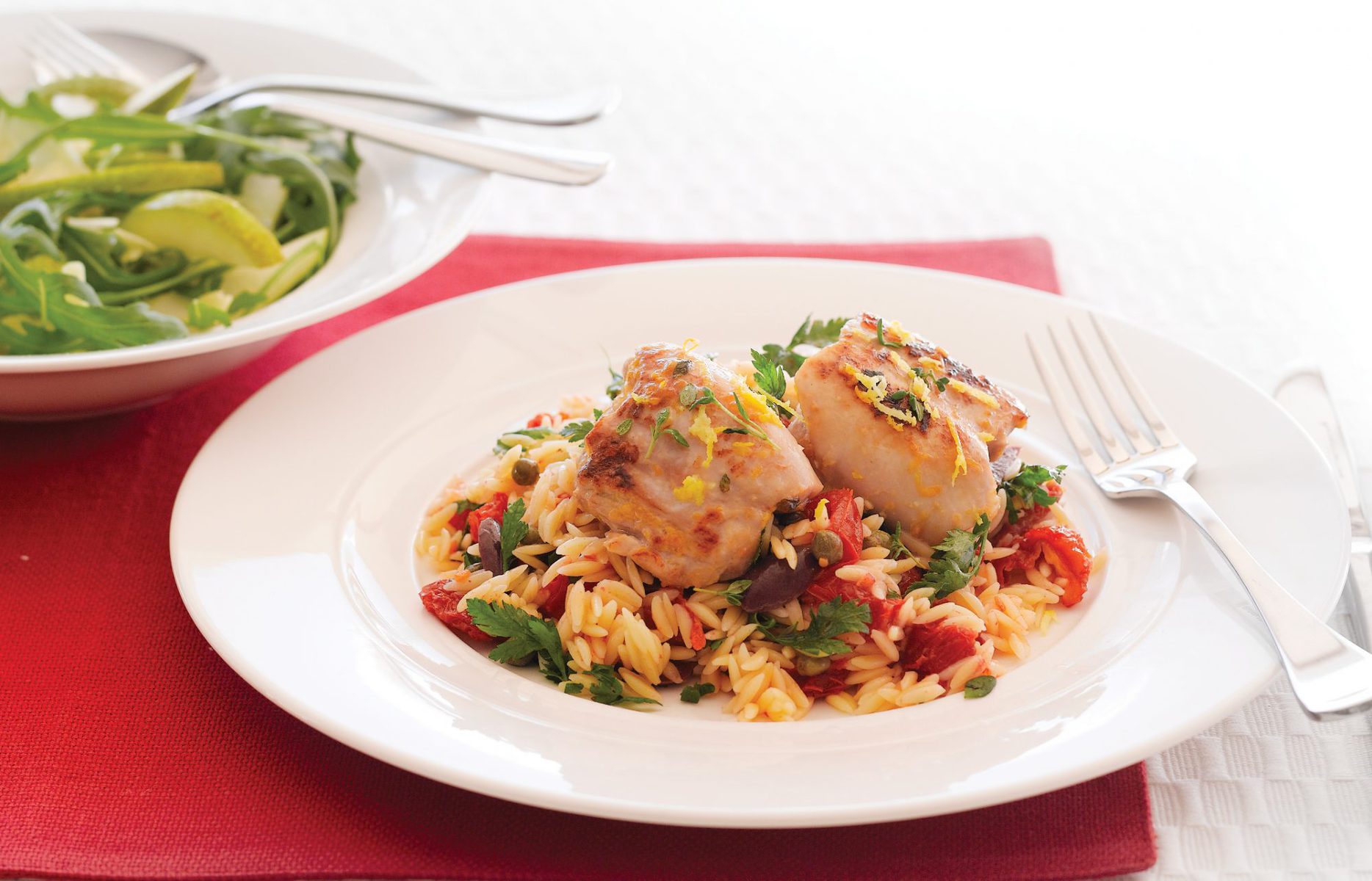 Lemon thyme chicken with Mediterranean risoni