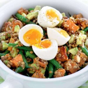 Lentil and avocado salad with soft-boiled eggs
