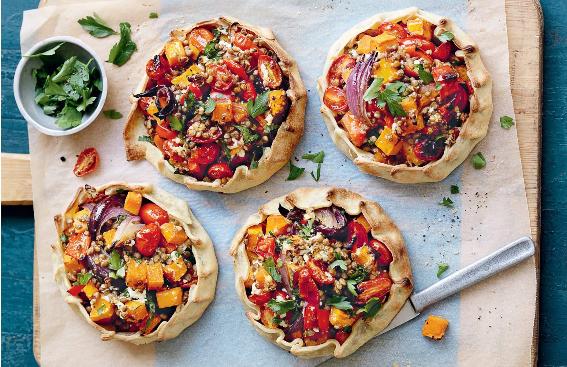 Lentil, roasted pumpkin and ricotta open pies
