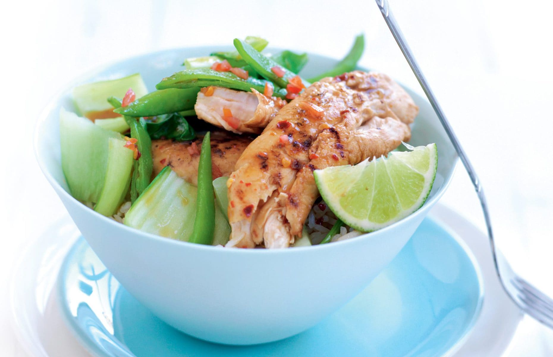 Lime and chilli chicken with wilted greens