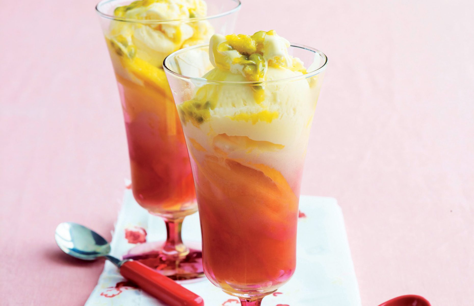 Mango and passionfruit ice cream sundaes