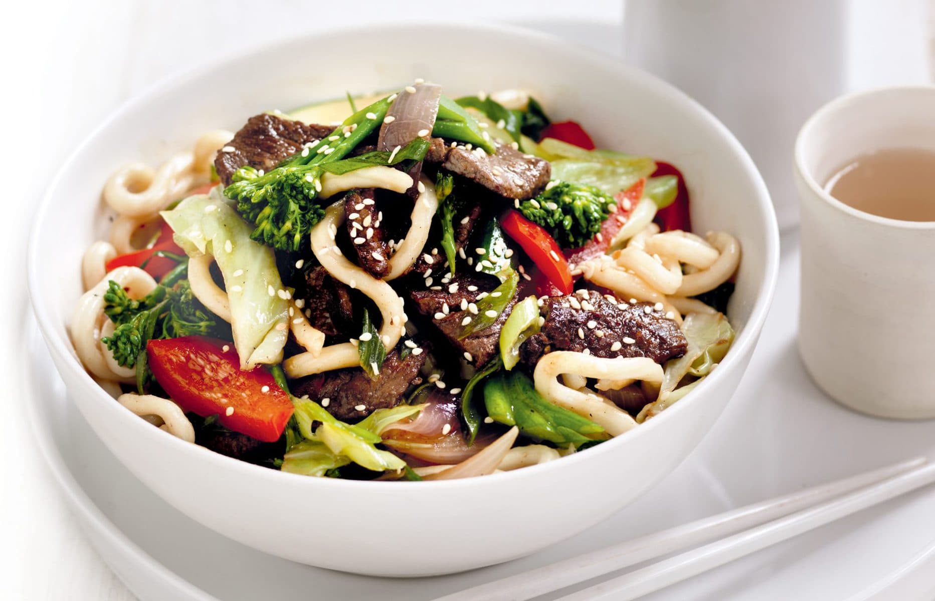 Maple-soy beef with udon noodles and vegetables