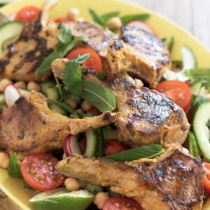 Marinated lamb cutlets with minty salad