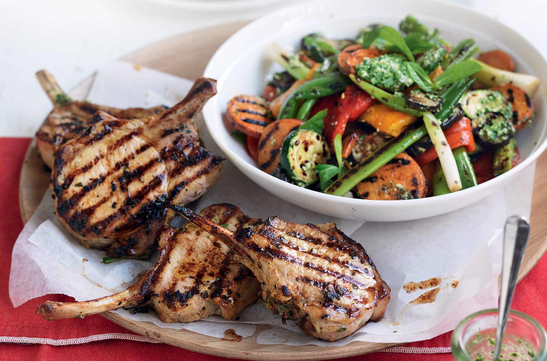 Marinated pork cutlets with charred veg and mint pesto