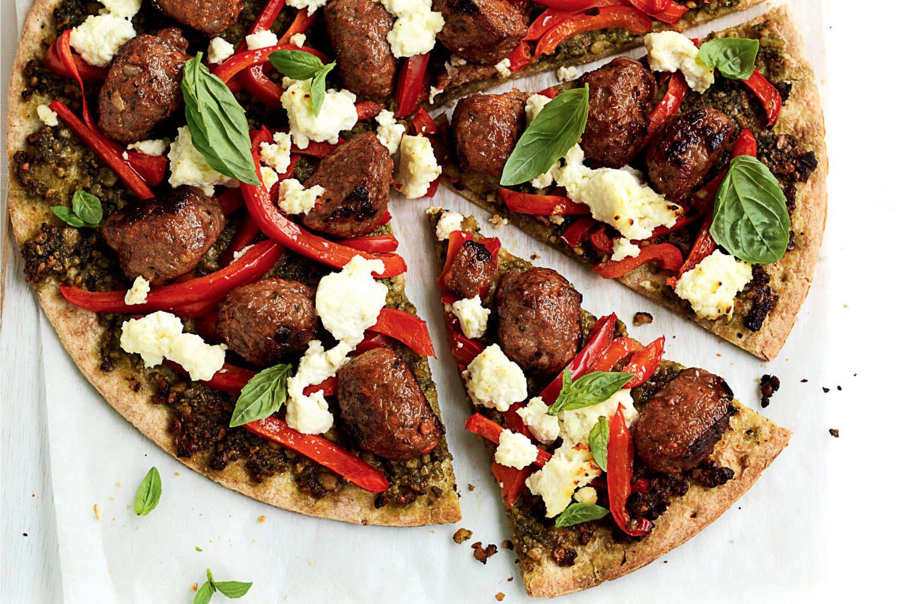 Meatball pesto pizza