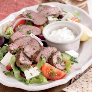 Minted lamb with Greek salad and tzatziki