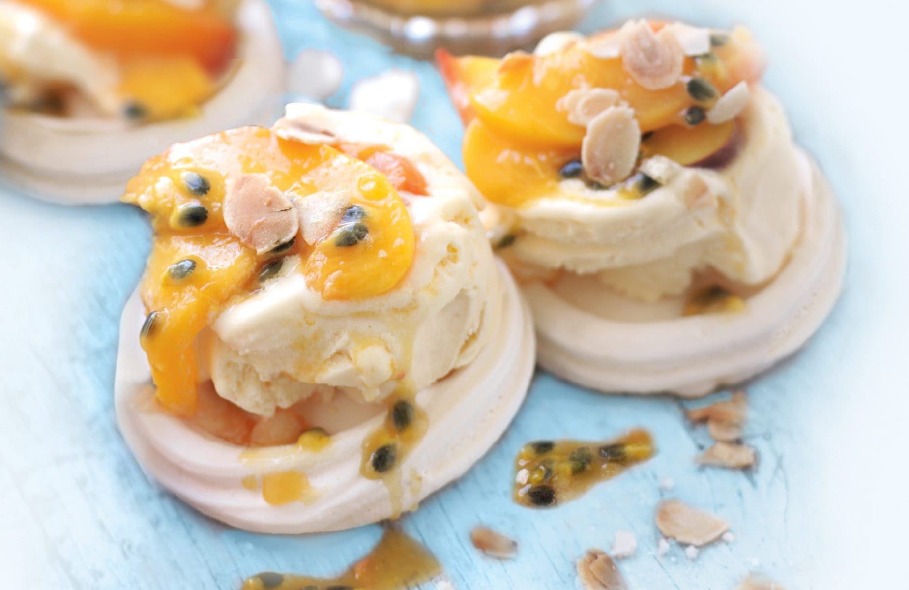 Passionfruit and nectarine pavlovas