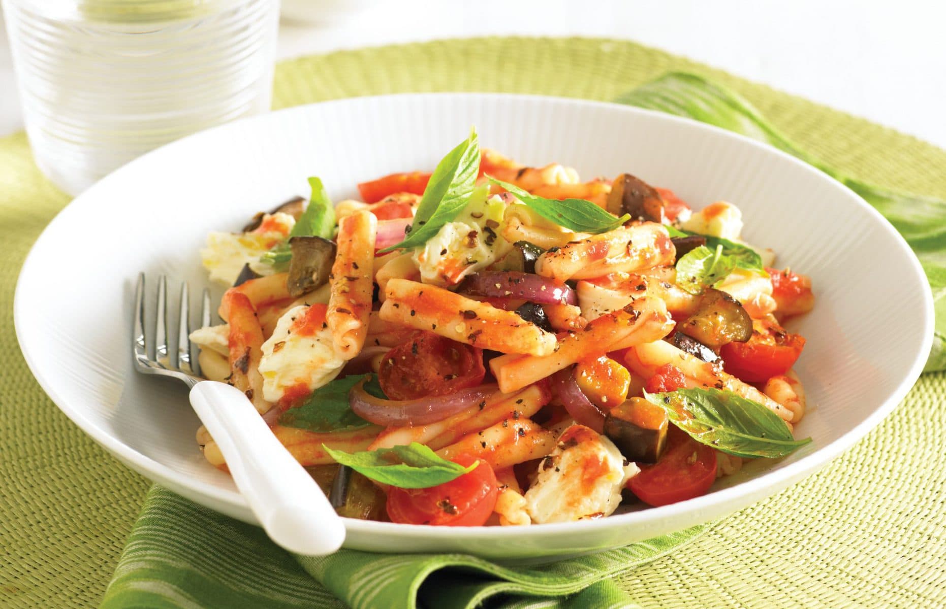 Pasta with eggplant, tomato, chilli and feta