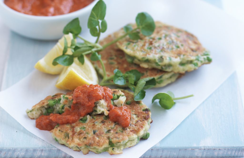 Pea, mint and haloumi fritters with tomato and capsicum sauce Pea, mint and haloumi fritters with tomato and capsicum sauce