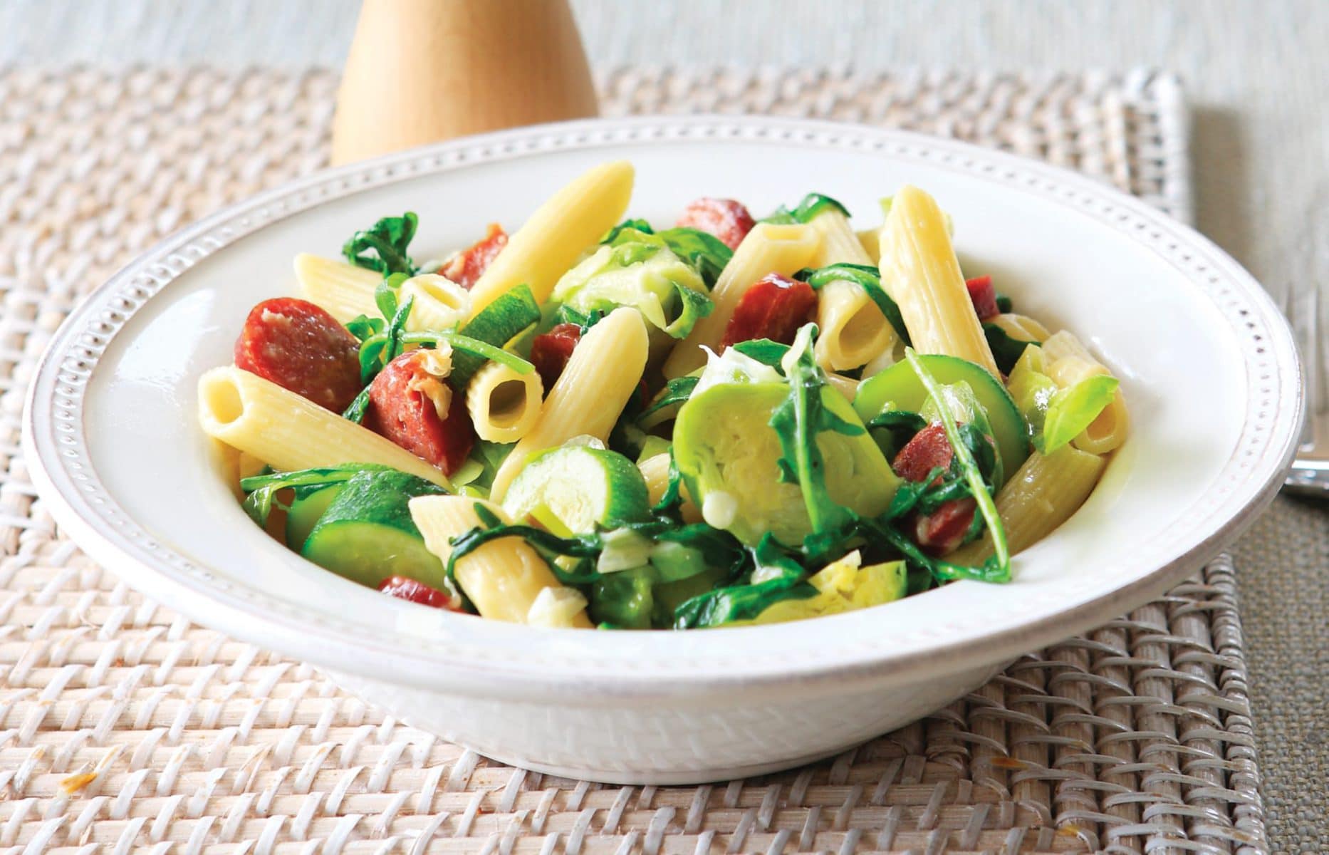 Penne with spicy sausage and Brussels sprouts